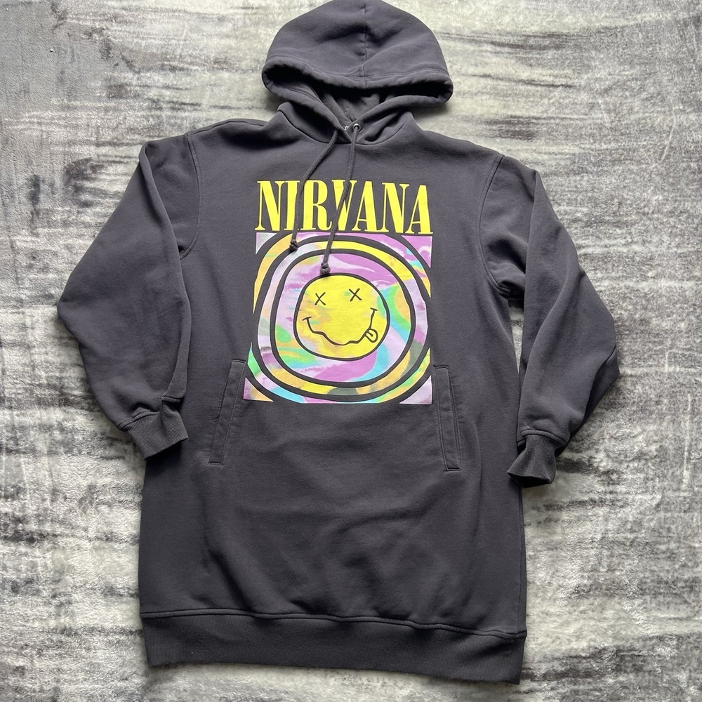 Nirvana Dress Long Sleeve Oversized Hoodie Graphic Charcoal Gray Size Medium